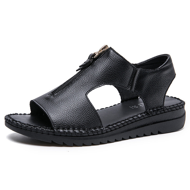 Front Zipper Sandals Flat Leather Casual Ladies Shoes