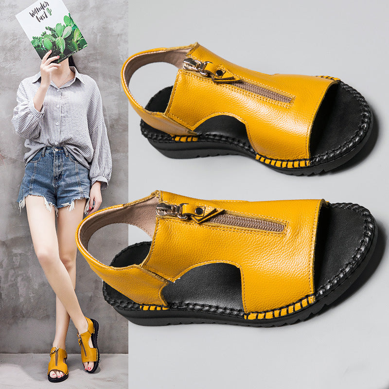 Front Zipper Sandals Flat Leather Casual Ladies Shoes