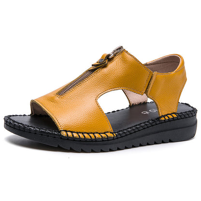 Front Zipper Sandals Flat Leather Casual Ladies Shoes