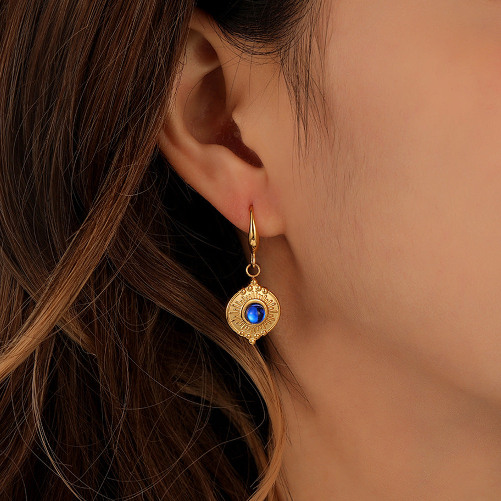 Stainless Steel Gold Women's Coin Blue Titanium Steel Drop Earrings