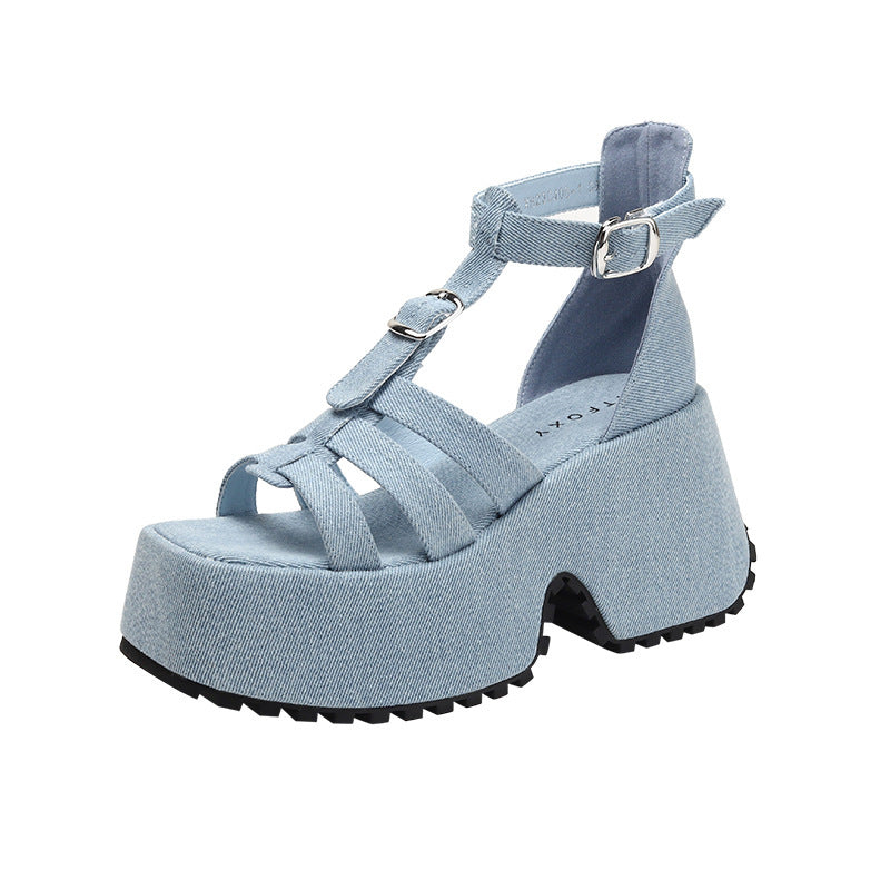 Blue Denim Platform Sandals Women's Casual Ladies Roman Sandals Muffin Fashionable Ladies Shoes