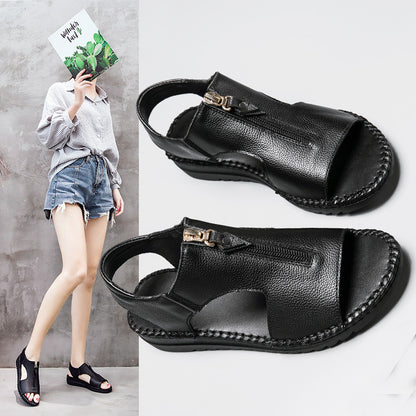 Front Zipper Sandals Flat Leather Casual Ladies Shoes