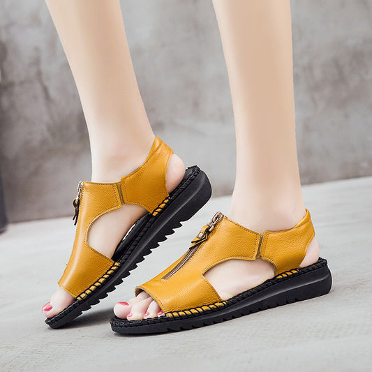 Front Zipper Sandals Flat Leather Casual Ladies Shoes