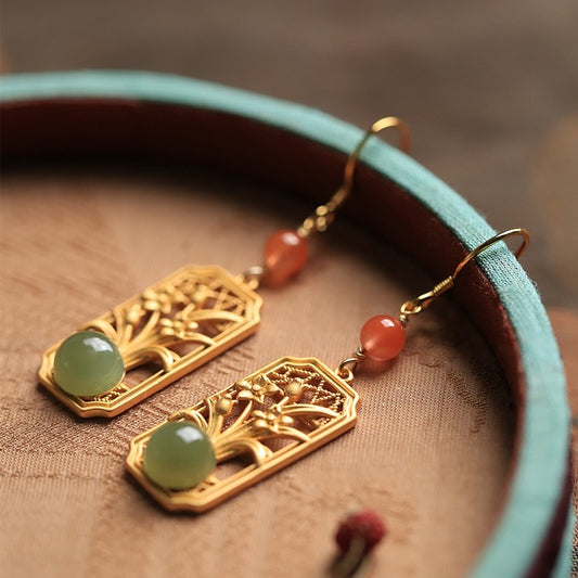 Sterling Silver Ancient Gold Inlaid Hetian Jade National Fashion Retro Earrings