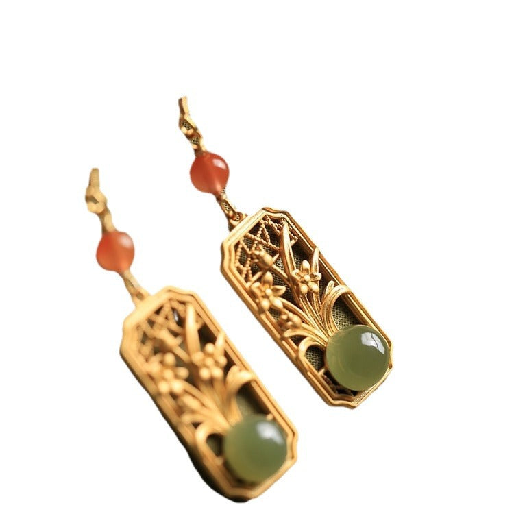 Sterling Silver Ancient Gold Inlaid Hetian Jade National Fashion Retro Earrings