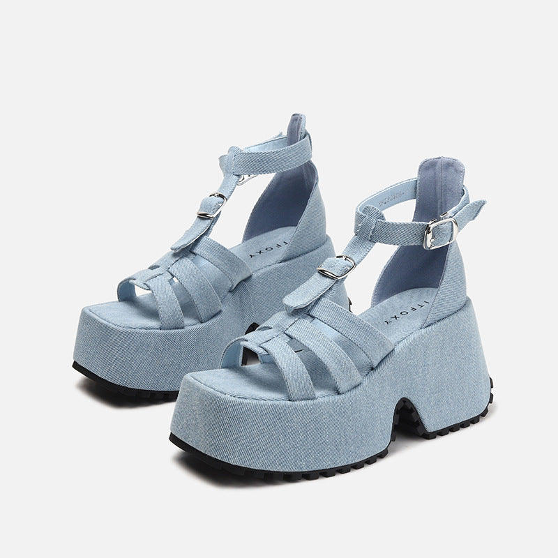 Blue Denim Platform Sandals Women's Casual Ladies Roman Sandals Muffin Fashionable Ladies Shoes