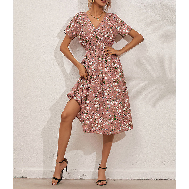 Womens Summer Dresses Boho V Neck Floral Print Short Sleeve Mini Dress Cute Smocked Waist Short Dress