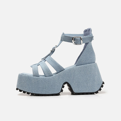Blue Denim Platform Sandals Women's Casual Ladies Roman Sandals Muffin Fashionable Ladies Shoes